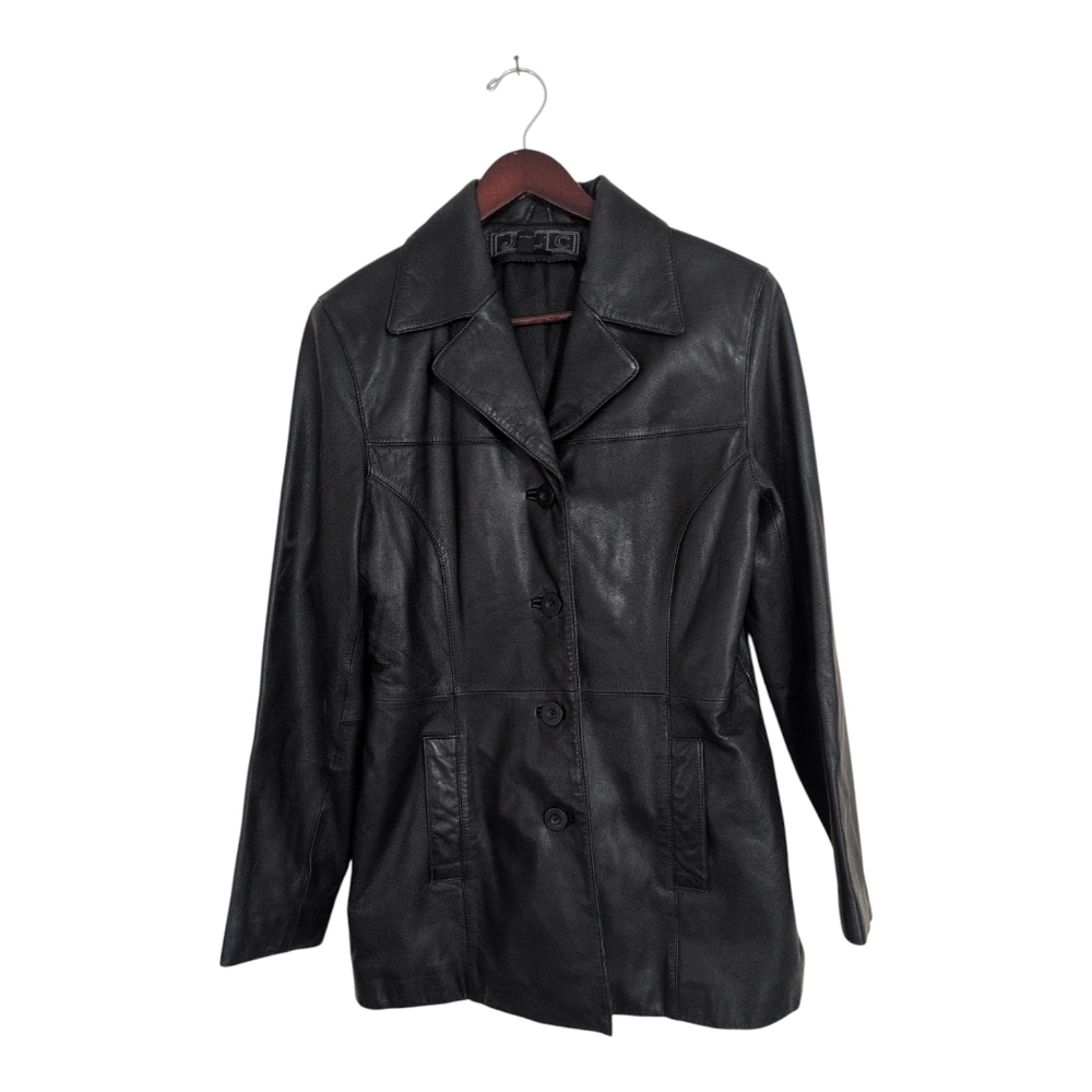 JLC Leather Coat Women's M Black‎ Button Classic Chic 90s style Biker Western